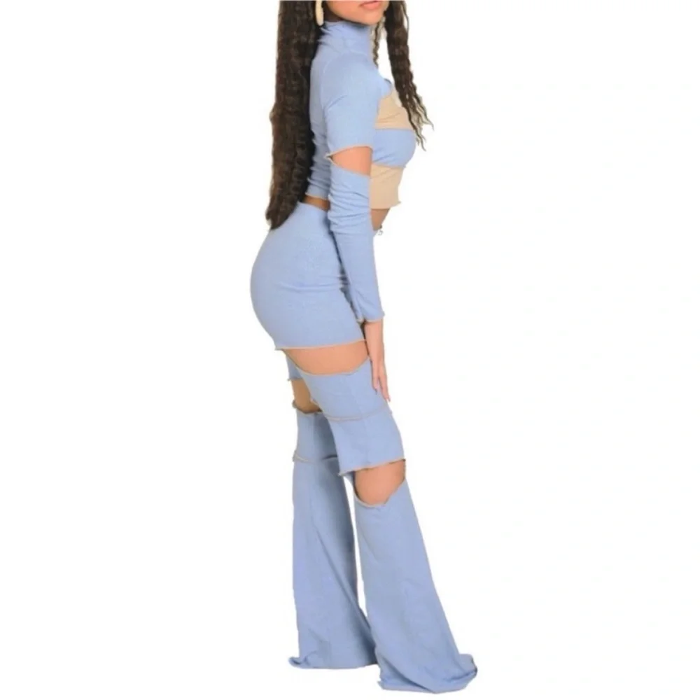 "Arctic Tease" Blue and Tan Patchwork Ribbed Knit Two Piece Matching Pants Set - Picture 2 of 5
